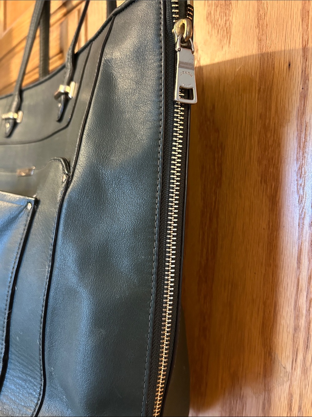 Coach Dark Green Leather Tote with Front Pocket and Silver Hardware - Picture 10 of 13